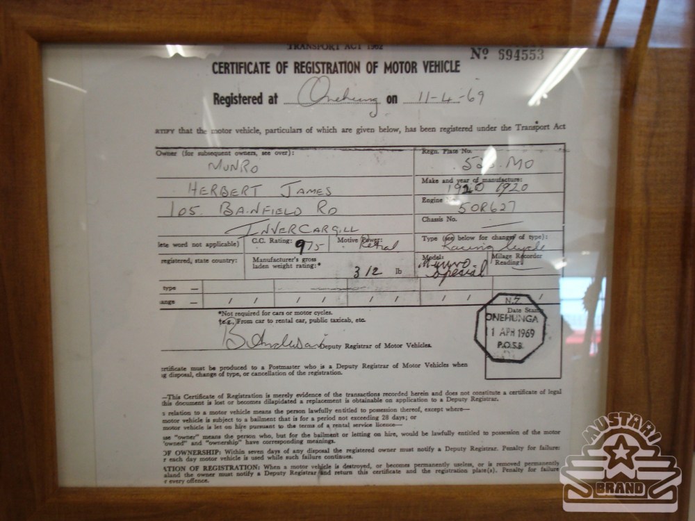 Burt's registration for is "Munro Special" 